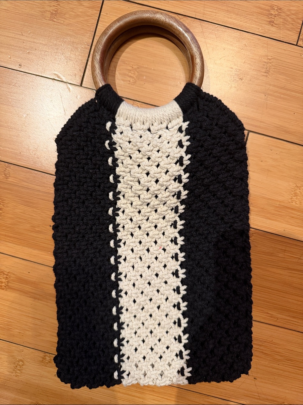 Handmade Black and Cream Crochet Wristlet Clutch with Wooden Handle